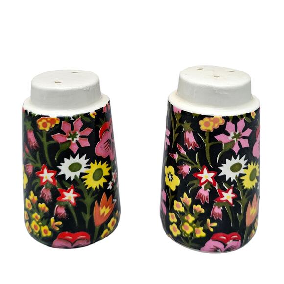 VTG NapcoWare Salt Pepper Shaker Set Pink Black Moody Mod Floral C-7681 Japan - Picture 2 of 8